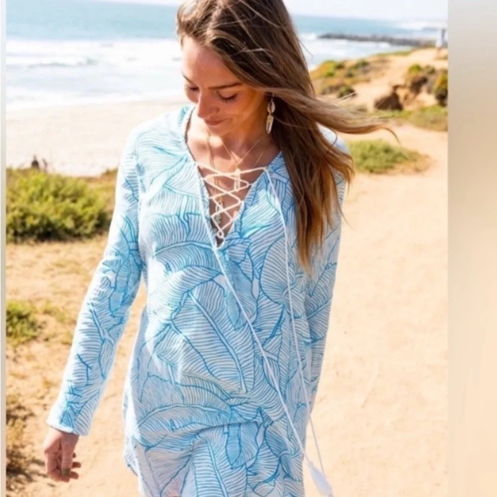 Charlie Holiday Blue White Tropical Leaf Hooded Lace Up Beach Cover Up Dress L